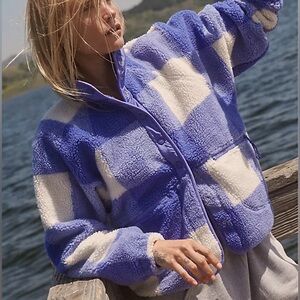 Free People Hit the Slopes Blue Iris Gingham Printed Fleece Jacket Size Small